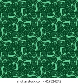 Seamless creative hand-drawn pattern of stylized flowers in pale jade and dark green colors. Vector illustration.