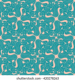 Seamless creative hand-drawn pattern of stylized flowers in pale pink and blue-green colors. Vector illustration.