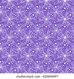 Seamless creative hand-drawn pattern of stylized flowers in white and bright violet colors. Vector illustration.