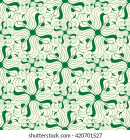 Seamless creative hand-drawn pattern of stylized flowers in light yellow and dark green colors. Vector illustration.