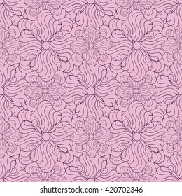 Seamless creative hand-drawn pattern of stylized flowers in dark violet and pale pink colors. Vector illustration.