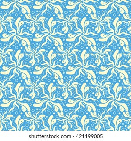 Seamless creative hand-drawn pattern of stylized flowers in pale yellow and light blue colors. Vector illustration.