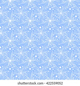 Seamless creative hand-drawn pattern of stylized flowers in white and light cornflower blue colors. Vector illustration.