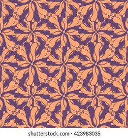 Seamless creative hand-drawn pattern of stylized flowers in peach and violet colors. Vector illustration.