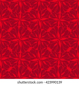 Seamless creative hand-drawn pattern of stylized flowers in bright red and maroon colors. Vector illustration.