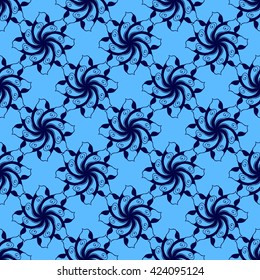 Seamless creative hand-drawn pattern of stylized flowers in bright cyan and indigo colors. Vector illustration.