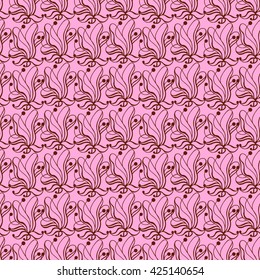Seamless creative hand-drawn pattern of stylized flowers in pale pink and brown colors. Vector illustration.