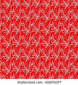 Seamless creative hand-drawn pattern of stylized flowers in white and bright scarlet colors. Vector illustration.