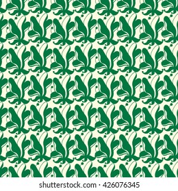 Seamless creative hand-drawn pattern of stylized flowers in light yellow and dark green colors. Vector illustration.