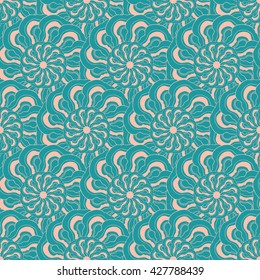 Seamless creative hand-drawn pattern of stylized flowers in pale pink and blue-green colors. Vector illustration.