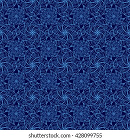 Seamless creative hand-drawn pattern of stylized flowers in bright cyan and indigo colors. Vector illustration.