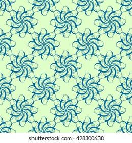 Seamless creative hand-drawn pattern of stylized flowers in pale pistachio and cerulean blue colors. Vector illustration.
