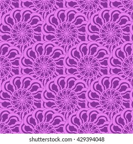 Seamless creative hand-drawn pattern of stylized flowers in bright violet and magenta colors. Vector illustration.
