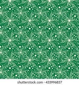Seamless creative hand-drawn pattern of stylized flowers in light yellow and dark green colors. Vector illustration.