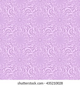 Seamless creative hand-drawn pattern of stylized flowers in bright violet and pale lilac colors. Vector illustration.