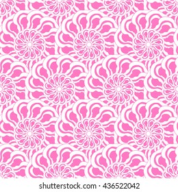 Seamless creative hand-drawn pattern of stylized flowers in pale magenta and white colors. Vector illustration.