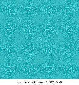 Seamless creative hand-drawn pattern of stylized flowers in white and blue-green colors. Vector illustration.