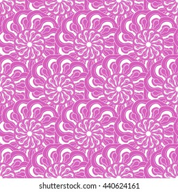 Seamless creative hand-drawn pattern of stylized flowers in bright purple and white colors. Vector illustration.