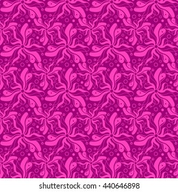 Seamless creative hand-drawn pattern of stylized flowers in bright fuchsia and mauve colors. Vector illustration.