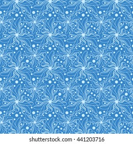 Seamless creative hand-drawn pattern of stylized flowers in light cyan and sky blue colors. Vector illustration.