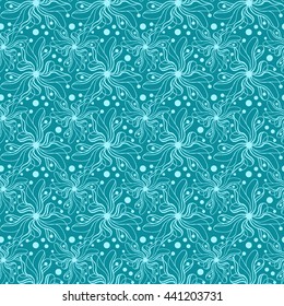 Seamless creative hand-drawn pattern of stylized flowers in light turquoise and blue-green colors. Vector illustration.