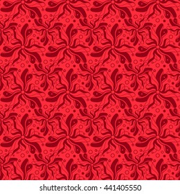 Seamless creative hand-drawn pattern of stylized flowers in bright red and dark burgundy colors. Vector illustration.