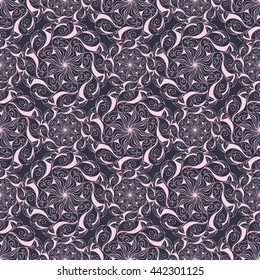 Seamless creative hand-drawn pattern of stylized flowers in pale magenta and dark brown colors. Vector illustration.