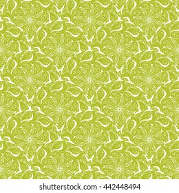 Seamless creative hand-drawn pattern of stylized flowers in white and yellow-green colors. Vector illustration.