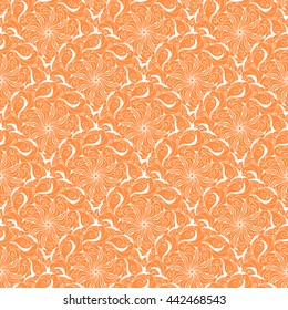 Seamless creative hand-drawn pattern of stylized flowers in white and bright orange colors. Vector illustration.