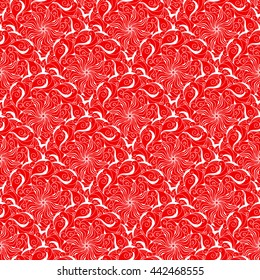 Seamless creative hand-drawn pattern of stylized flowers in white and bright scarlet colors. Vector illustration.