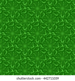 Seamless creative hand-drawn pattern of stylized flowers in bright lime and green colors. Vector illustration.