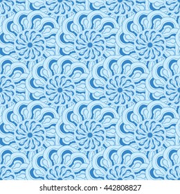 Seamless creative hand-drawn pattern of stylized flowers in light cyan and sky blue colors. Vector illustration.