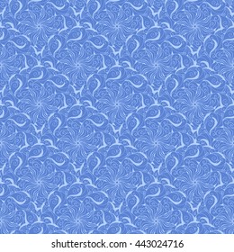 Seamless creative hand-drawn pattern of stylized flowers in pale cornflower blue and azure colors. Vector illustration.