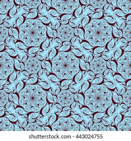 Seamless creative hand-drawn pattern of stylized flowers in light blue and brown colors. Vector illustration.