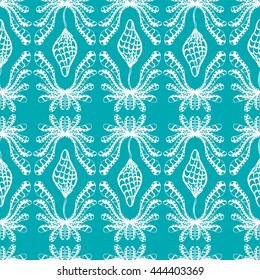 Seamless creative hand-drawn pattern of stylized flowers in white and blue-green colors. Vector illustration.