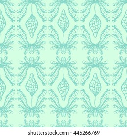 Seamless creative hand-drawn pattern of stylized flowers in pale turquoise and mint colors. Vector illustration.