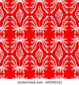Seamless creative hand-drawn pattern of stylized flowers in white and bright scarlet colors. Vector illustration.
