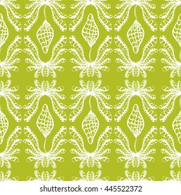 Seamless creative hand-drawn pattern of stylized flowers in white and yellow-green colors. Vector illustration.