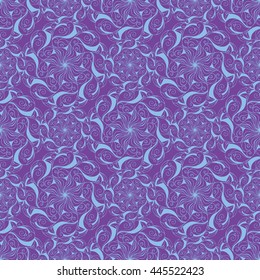 Seamless creative hand-drawn pattern of stylized flowers in pale cyan and violet colors. Vector illustration.
