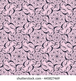 Seamless creative hand-drawn pattern of stylized flowers in pale magenta and dark brown colors. Vector illustration.