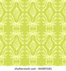 Seamless creative hand-drawn pattern of stylized flowers in yellow-green and olive colors. Vector illustration.