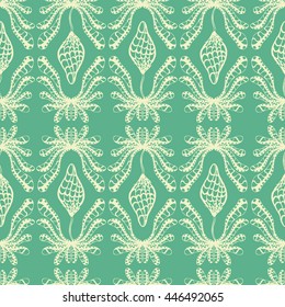 Seamless creative hand-drawn pattern of stylized flowers in pale yellow and light olive colors. Vector illustration.