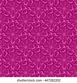 Seamless creative hand-drawn pattern of stylized flowers in bright fuchsia and pale pink colors. Vector illustration.