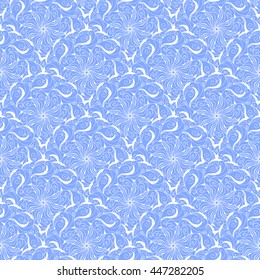 Seamless creative hand-drawn pattern of stylized flowers in cornflower blue and white colors. Vector illustration.