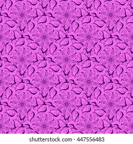 Seamless creative hand-drawn pattern of stylized flowers in dark violet and bright magenta colors. Vector illustration.
