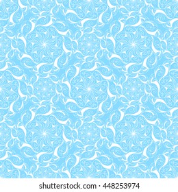 Seamless creative hand-drawn pattern of stylized flowers in pale cyan and white colors. Vector illustration.