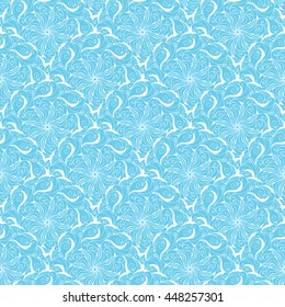 Seamless creative hand-drawn pattern of stylized flowers in light turquoise and white colors. Vector illustration.