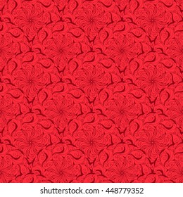 Seamless creative hand-drawn pattern of stylized flowers in bright red and dark burgundy colors. Vector illustration.