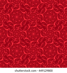 Seamless creative hand-drawn pattern of stylized flowers in bright red and dark burgundy colors. Vector illustration.