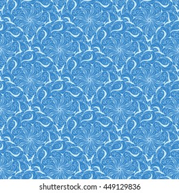 Seamless creative hand-drawn pattern of stylized flowers in light cyan and sky blue colors. Vector illustration.